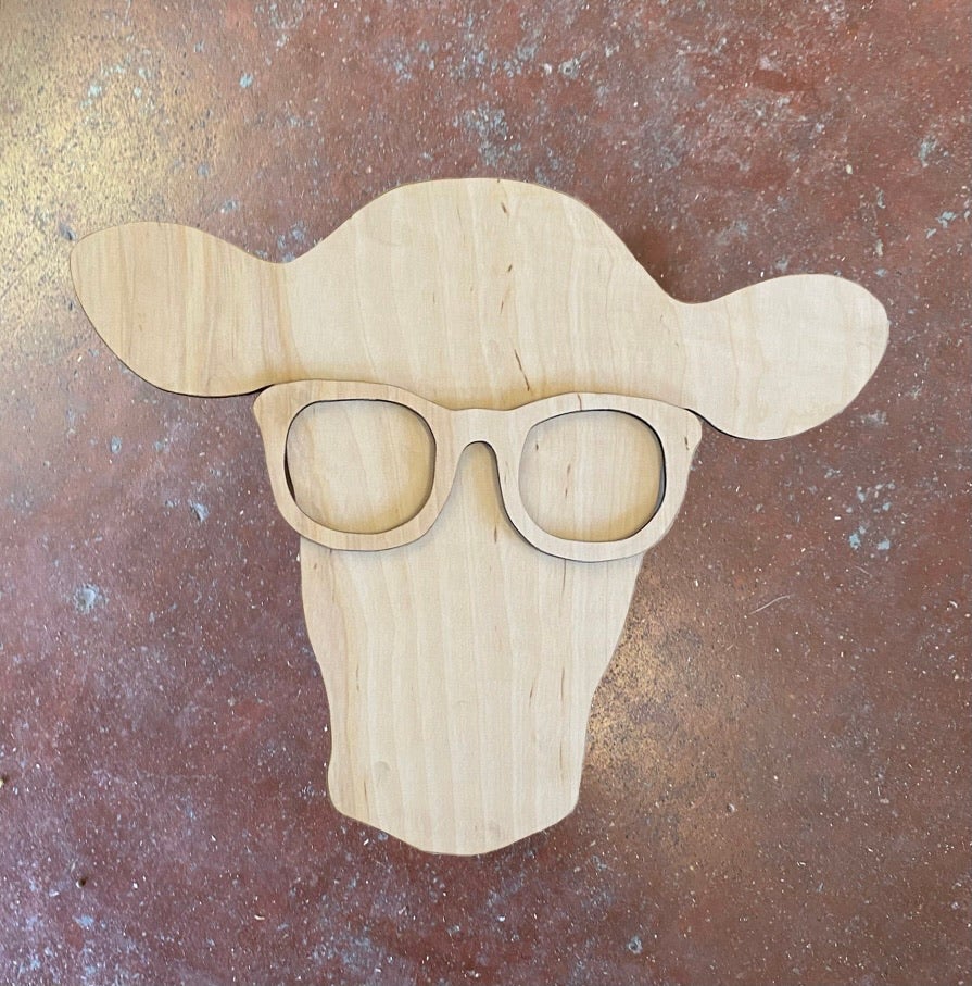 16” x 12” Cow Head With Glasses Set Door Hanger Wood Cutout MR