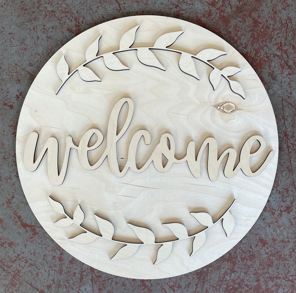 19” Circle With Layered Welcome And Olive Leaves Door Hanger Wood ...